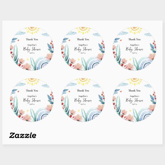 Adesivo Redondo Sticker Obrigado pelo chá de fraldas com design. (Folha)