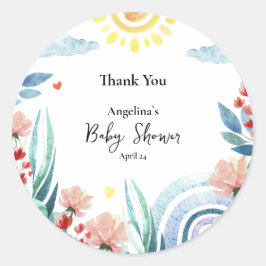 Adesivo Redondo Sticker Obrigado pelo chá de fraldas com design.