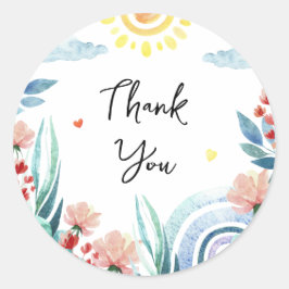 Adesivo Redondo Sticker Obrigado pelo chá de fraldas com design.