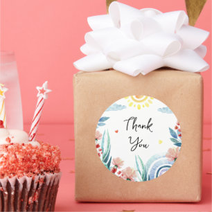 Adesivo Redondo Sticker Obrigado pelo chá de fraldas com design.