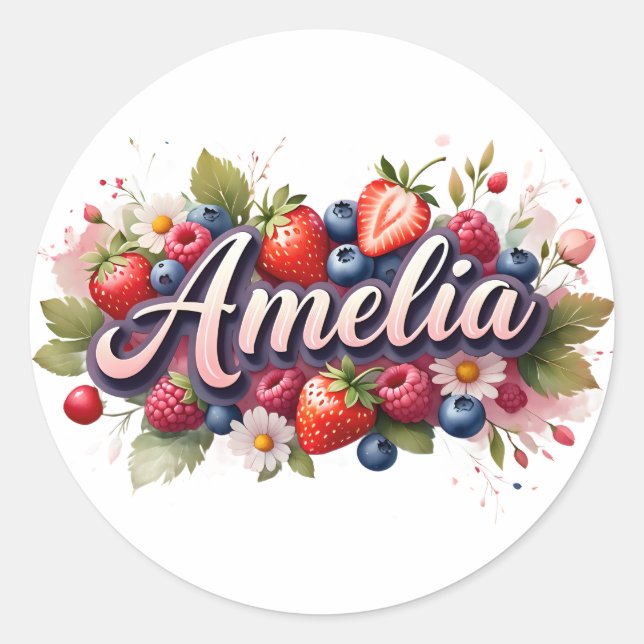 Adesivo Redondo Sticker Personalizado Amelia Berry Floral Design (Frente)