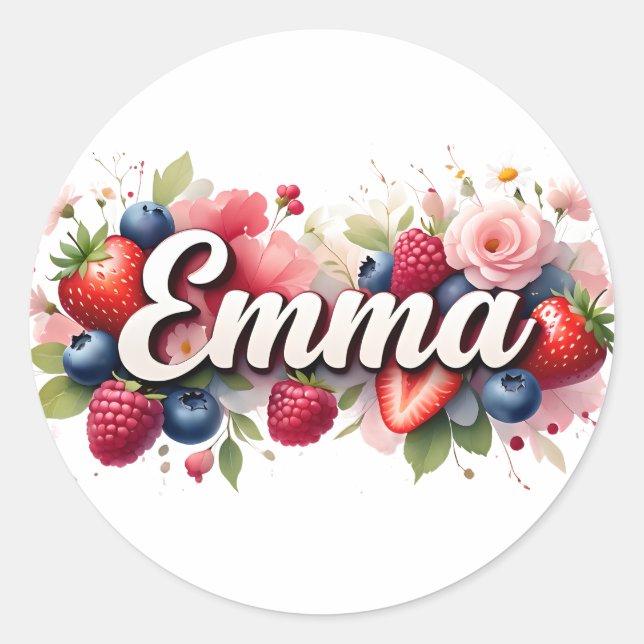 Adesivo Redondo Sticker personalizado "Emma" Berry Floral Design (Frente)