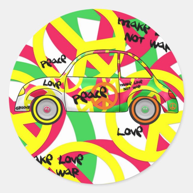 Adesivo Redondo Sticker Retro Love Peace Retro 60's 70's Car (Frente)