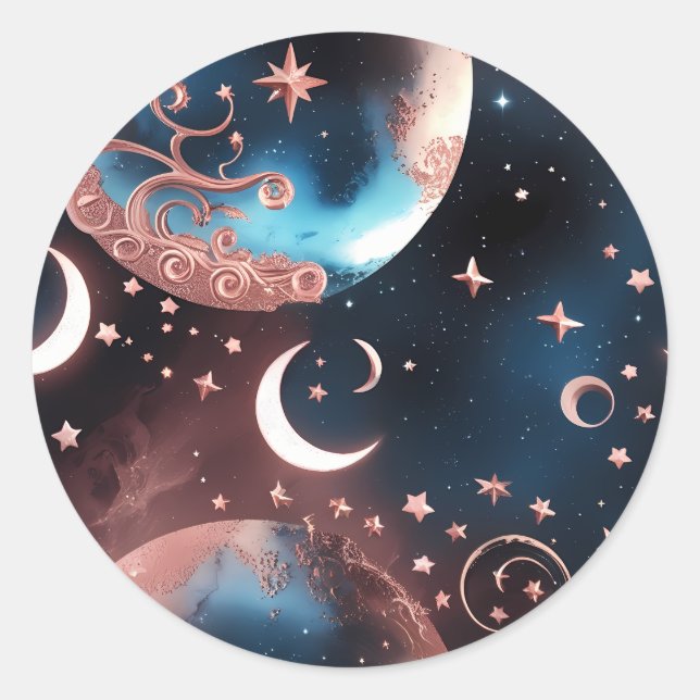 Adesivo Redondo Sticker - Rose Gold Celestial Moon Design (Frente)
