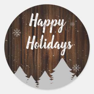 Adesivo Redondo Sticker Rustic Wood Happy Holidays