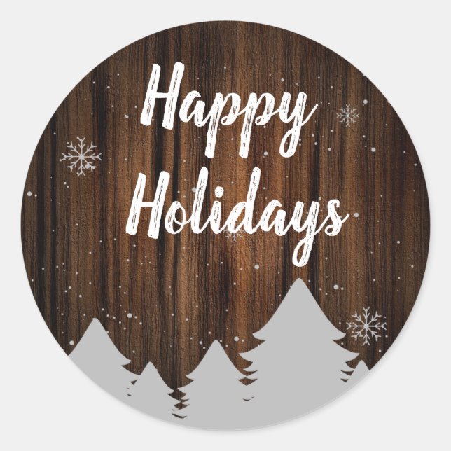 Adesivo Redondo Sticker Rustic Wood Happy Holidays (Frente)