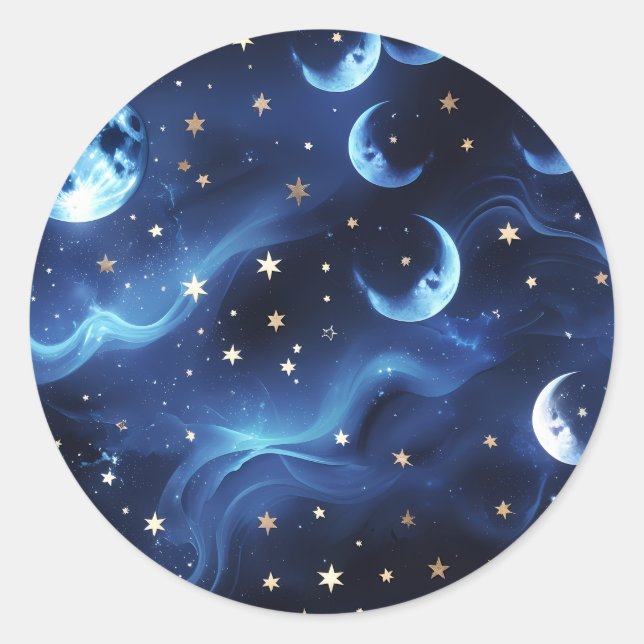 Adesivo Redondo Sticker - Sapphire Blue Celestial Moon Design (Frente)