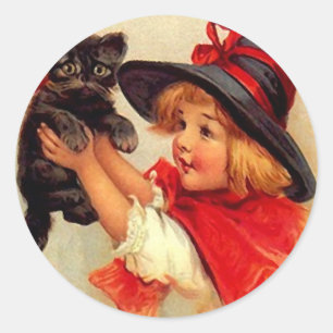 Adesivo Redondo Sticker Vintage Halloween Black Kitten Lil Witage