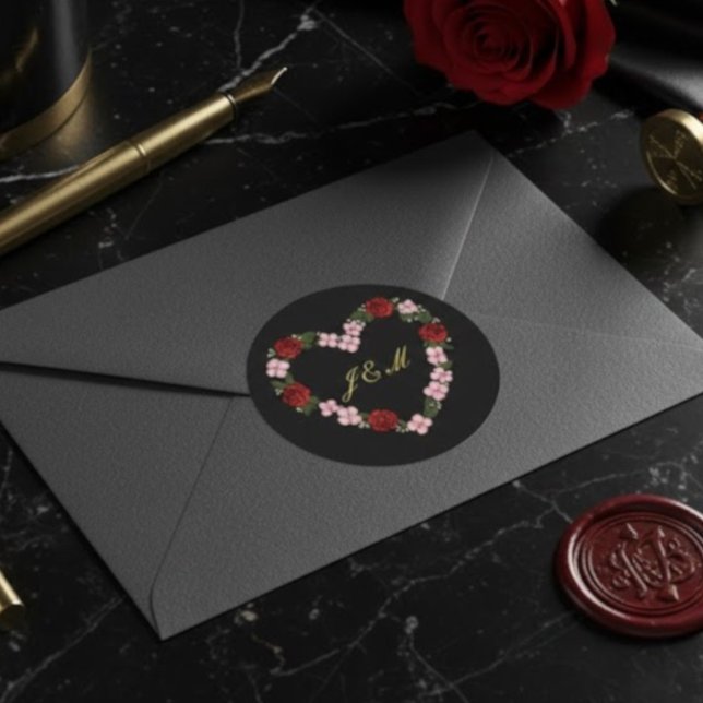 Adesivo Redondo Stickers Block Rose Heart Wedding Initial (Criador carregado)