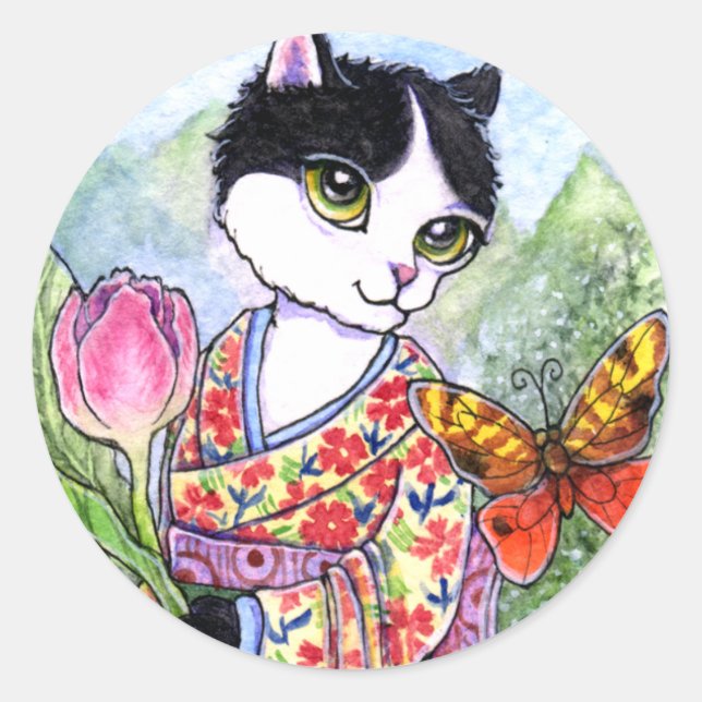Adesivo Redondo Stickers Cat Geisha Fairy Fantasy por Ann Howard (Frente)
