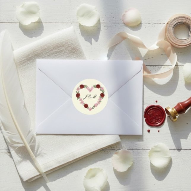 Adesivo Redondo Stickers Cream Rose Heart Wedding Initial (Criador carregado)