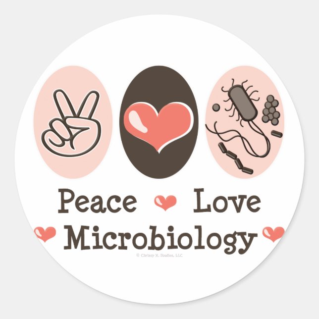 Adesivo Redondo Stickers da Microbiologia Peace Love (Frente)