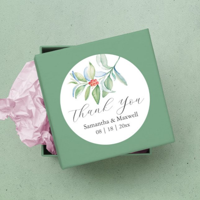 Adesivo Redondo Stickers De Casamento Obrigado Simples Natal (Wedding sticker for favors Christmas botanical watercolor art by Victoria Grigaliunas)
