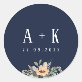 Adesivo Redondo Stickers, Elegante monograma azul floral