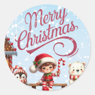Adesivo Redondo Stickers Festivos I Elf, Penguin e Urso Polar