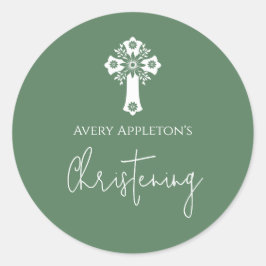 Adesivo Redondo Stickers Floral Cross Christening Fern Green
