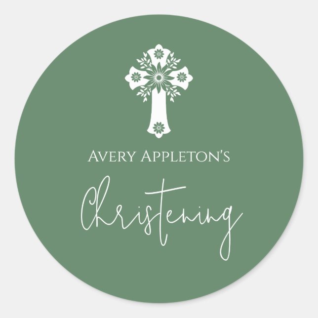 Adesivo Redondo Stickers Floral Cross Christening Fern Green (Frente)