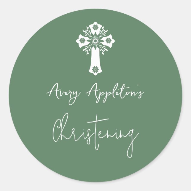 Adesivo Redondo Stickers Floral Cross Christening Fern Green (Frente)
