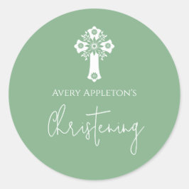 Adesivo Redondo Stickers Floral Cross Christening Green