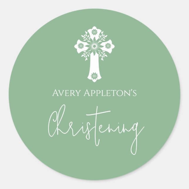 Adesivo Redondo Stickers Floral Cross Christening Green (Frente)