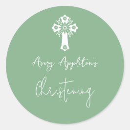 Adesivo Redondo Stickers Floral Cross Christening Green