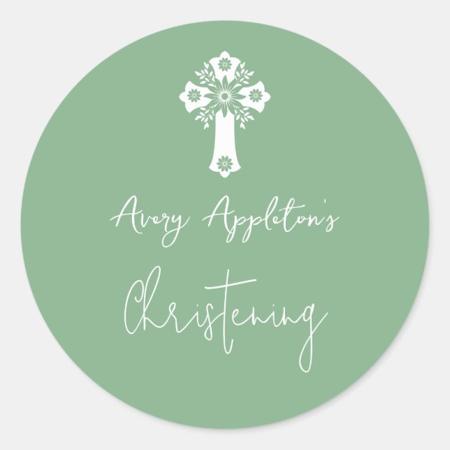 Adesivo Redondo Stickers Floral Cross Christening Green (Frente)