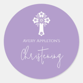 Adesivo Redondo Stickers Floral Cross Christening Lilac