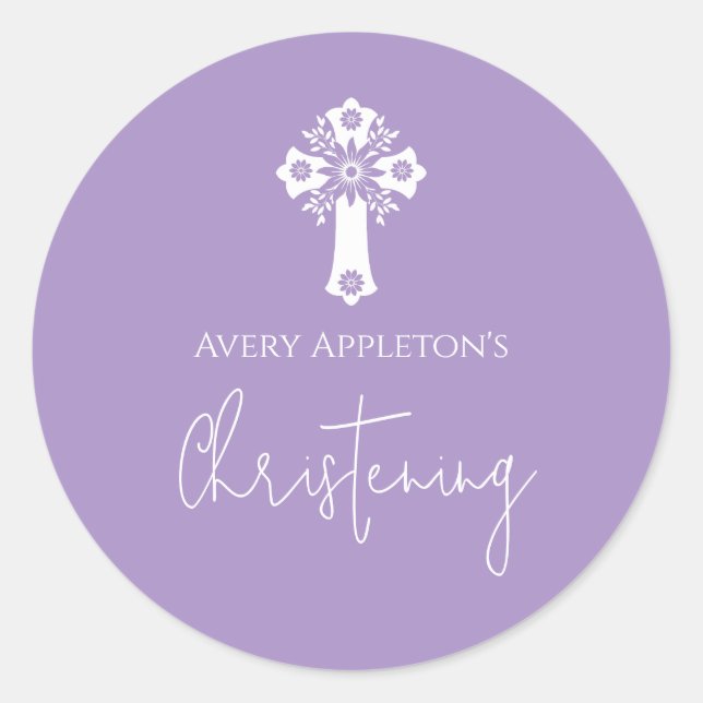Adesivo Redondo Stickers Floral Cross Christening Lilac (Frente)