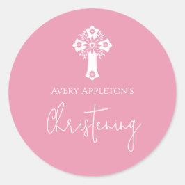 Adesivo Redondo Stickers Floral Cross Christening Rose Pink