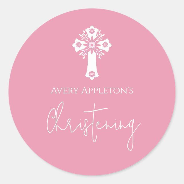Adesivo Redondo Stickers Floral Cross Christening Rose Pink (Frente)