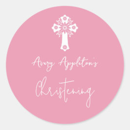 Adesivo Redondo Stickers Floral Cross Christening Rose Pink