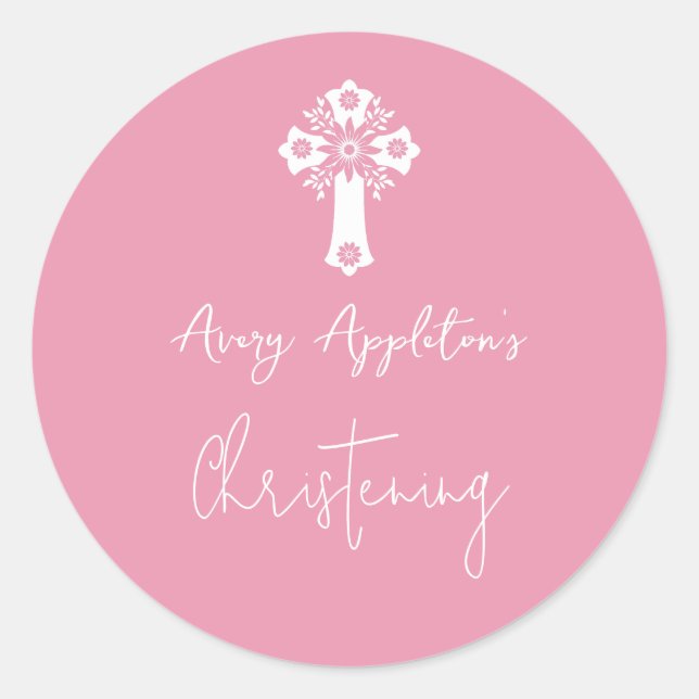 Adesivo Redondo Stickers Floral Cross Christening Rose Pink (Frente)