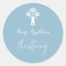 Adesivo Redondo Stickers Floral Cross Christening Sky Blue