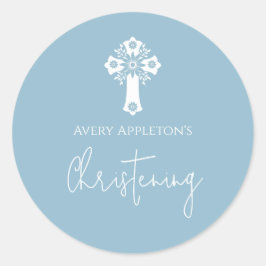 Adesivo Redondo Stickers Floral Cross Christening Sky Blue