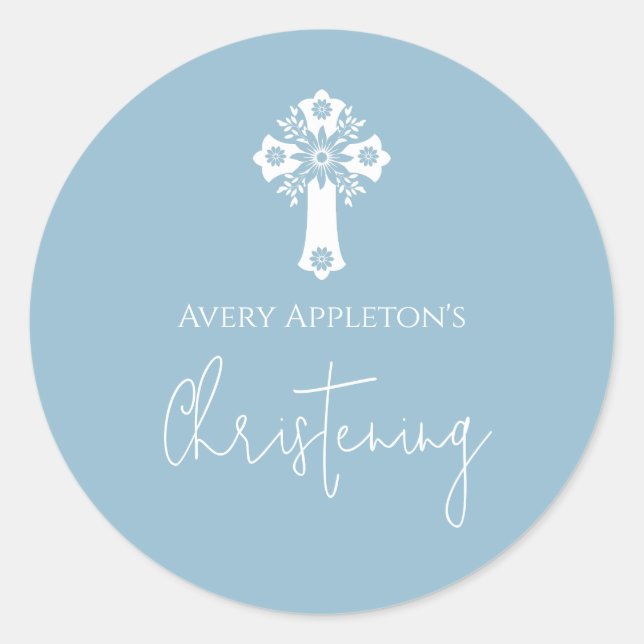 Adesivo Redondo Stickers Floral Cross Christening Sky Blue (Frente)