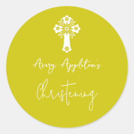 Adesivo Redondo Stickers Floral Cross Christening Yellow