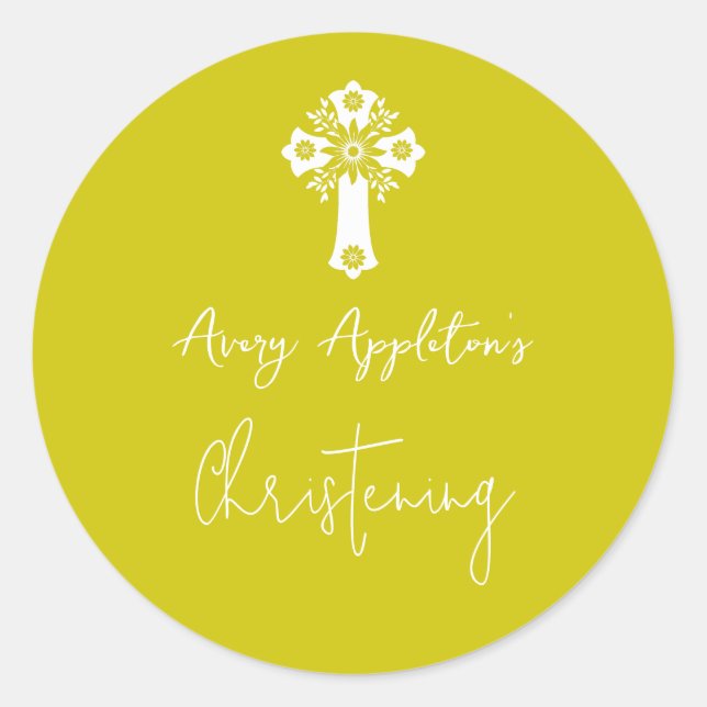 Adesivo Redondo Stickers Floral Cross Christening Yellow (Frente)