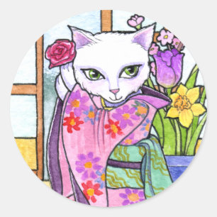 Adesivo Redondo Stickers Geisha Asian Cat Fantasy por Ann Howard