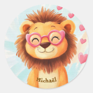 Adesivo Redondo Stickers Happy Lion Valentine's Day Kids School