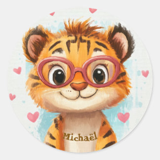 Adesivo Redondo Stickers Happy Tiger Valentine's Day Kids School