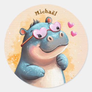 Adesivo Redondo Stickers Hippo Valentine's Day Kids School