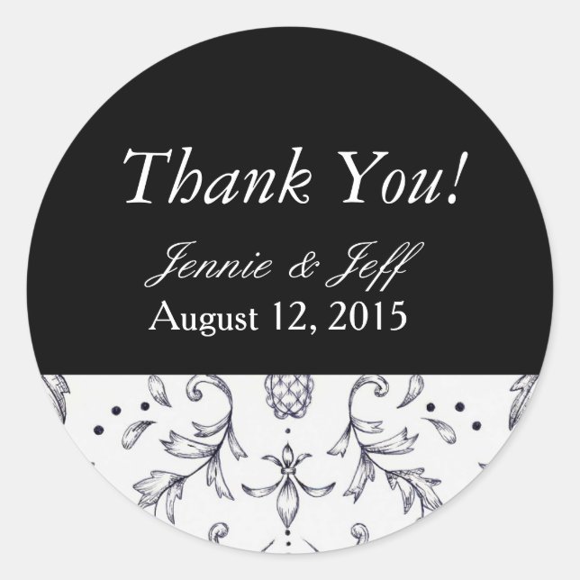 Adesivo Redondo Stickers Obrigado Damask Black and White (Frente)