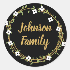 Adesivo Redondo Stickers Personalizados Laurel Wreath Preto e Dour
