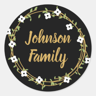 Adesivo Redondo Stickers Personalizados Laurel Wreath Preto e Dour