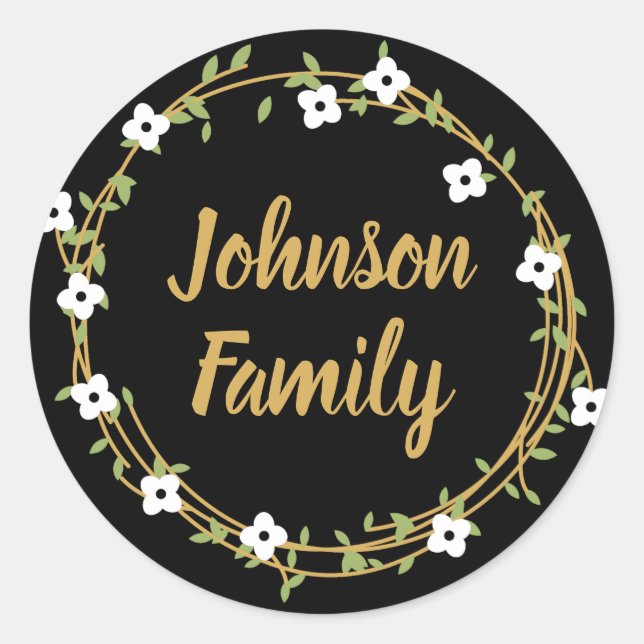 Adesivo Redondo Stickers Personalizados Laurel Wreath Preto e Dour (Frente)