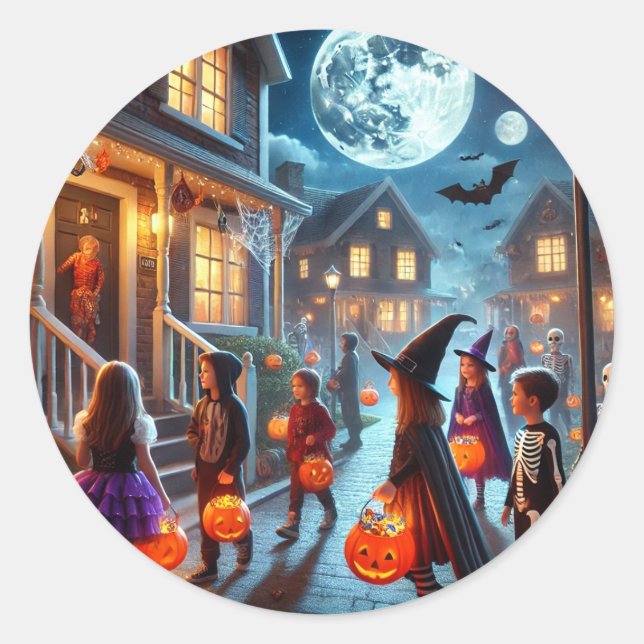 Adesivo Redondo Stickers projetam truque ou travessura de Hallowee (Frente)