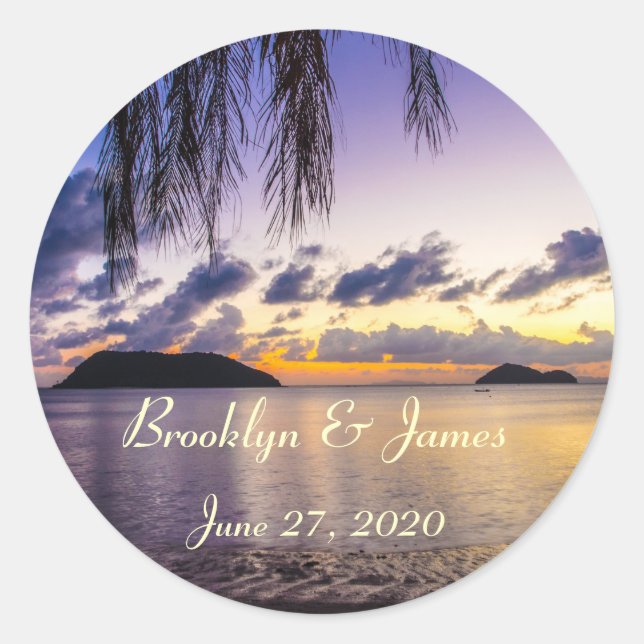 Adesivo Redondo Stickers Púrpura de Casamento de Praia (Frente)