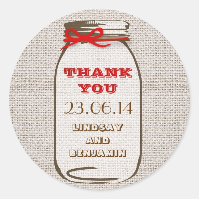 Adesivo Redondo Stickers Rustic Burlap Mason Jar Casamento (Frente)