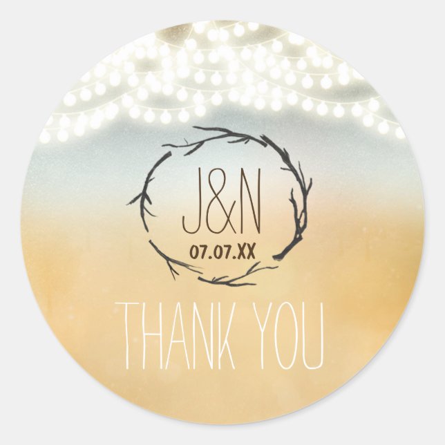 Adesivo Redondo Sticks Rustic Wreath String Lights Sticker (Frente)