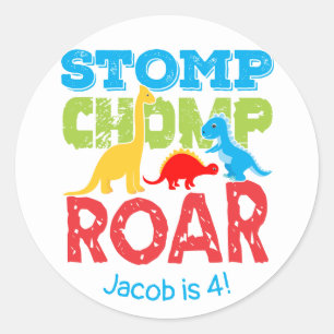 Adesivo Redondo Stomp Chomp Roar Cute Dinossaur Birthday Sticker